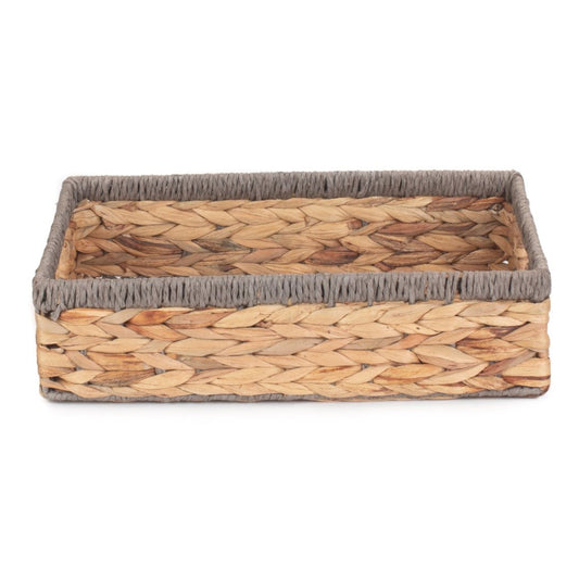 Medium Shallow Rectangular Water Hyacinth Storage Tray Basket with Grey Rope Border