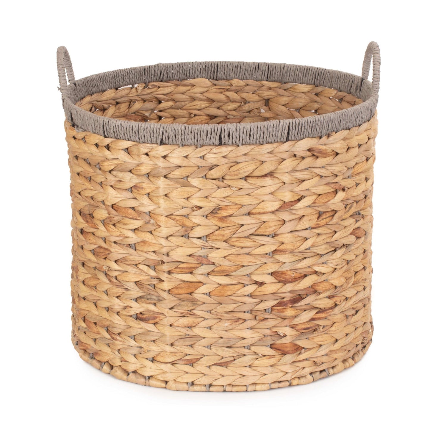 Large Round Water Hyacinth Storage Basket with Grey Rope Border