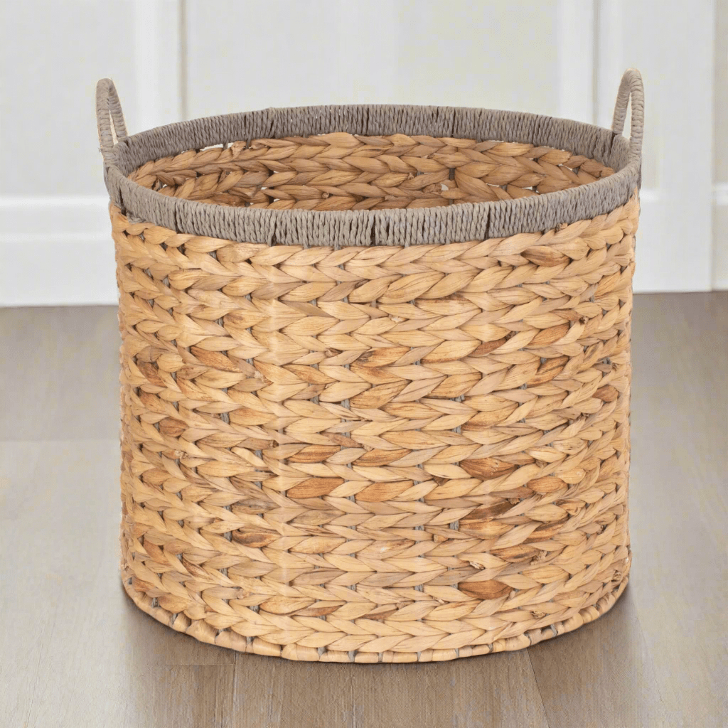 Large Round Water Hyacinth Storage Basket with Grey Rope Border