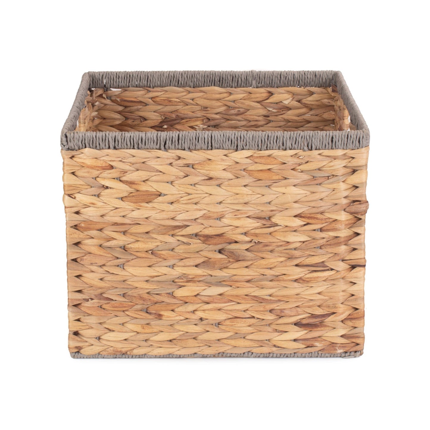 Medium Square Water Hyacinth Storage Basket with Grey Rope Border