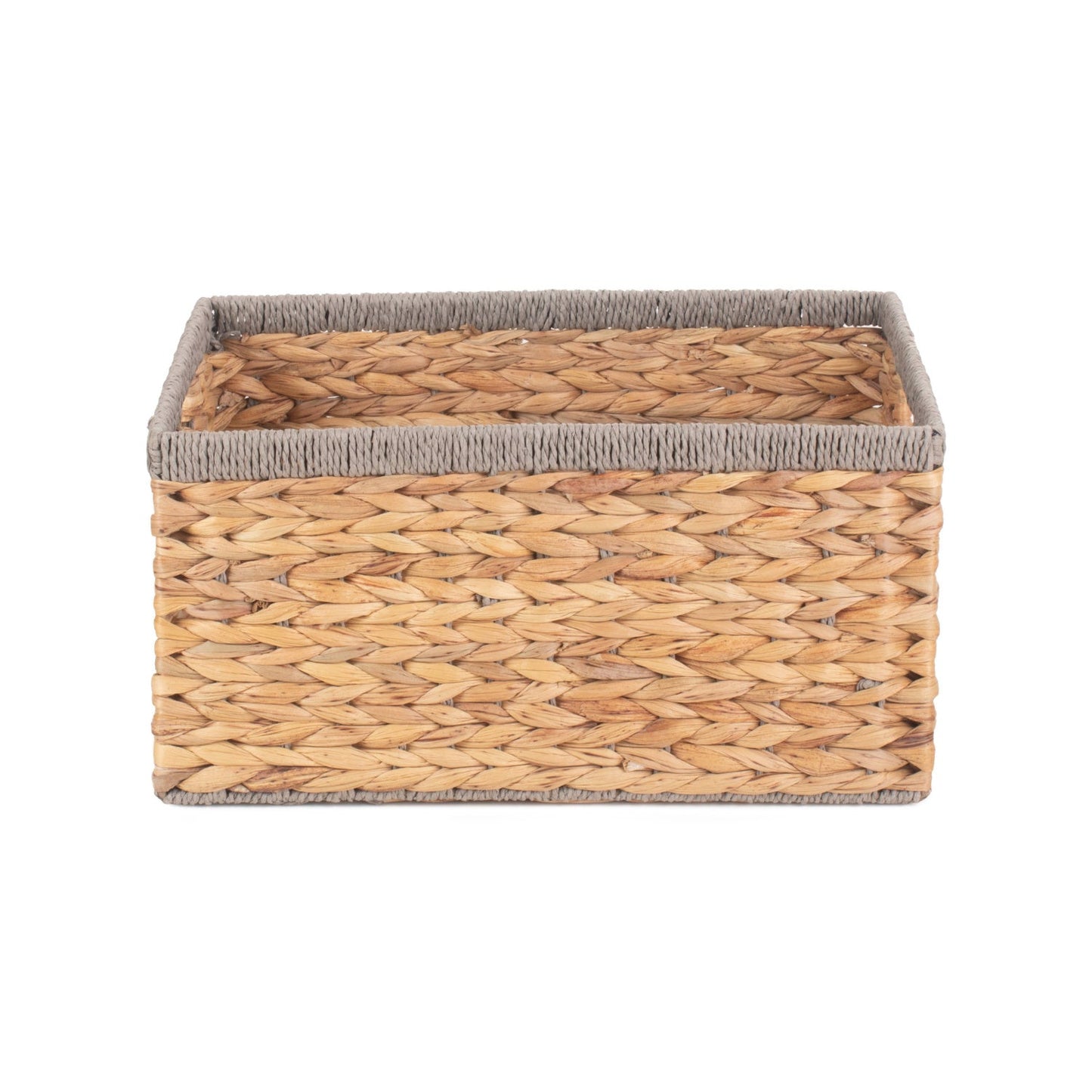 Medium Rectangular Water Hyacinth Storage Basket with Grey Rope Border