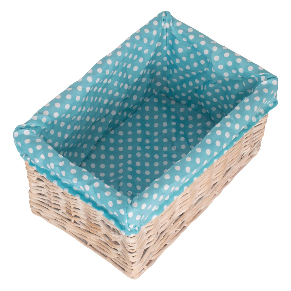 Medium White Wash Willow Storage Basket with Blue Spotty Lining