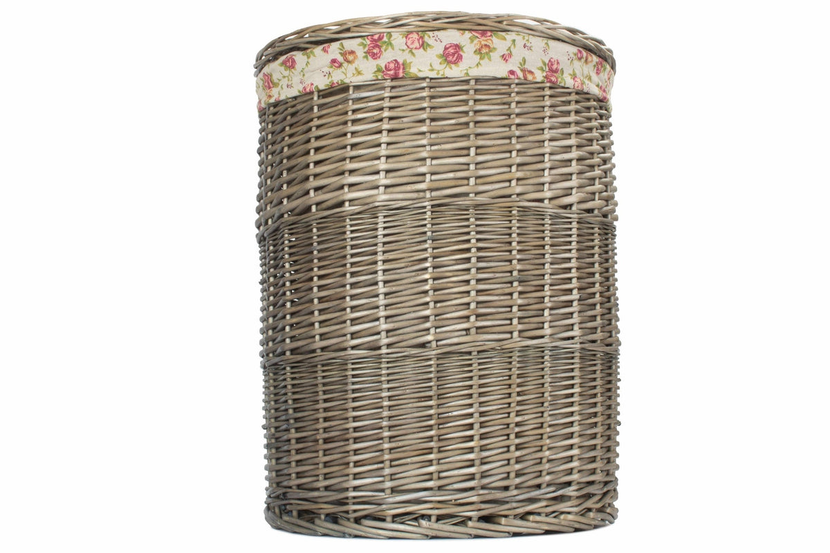 Antique Wash Willow Large Round Linen Basket with Garden Rose Lining