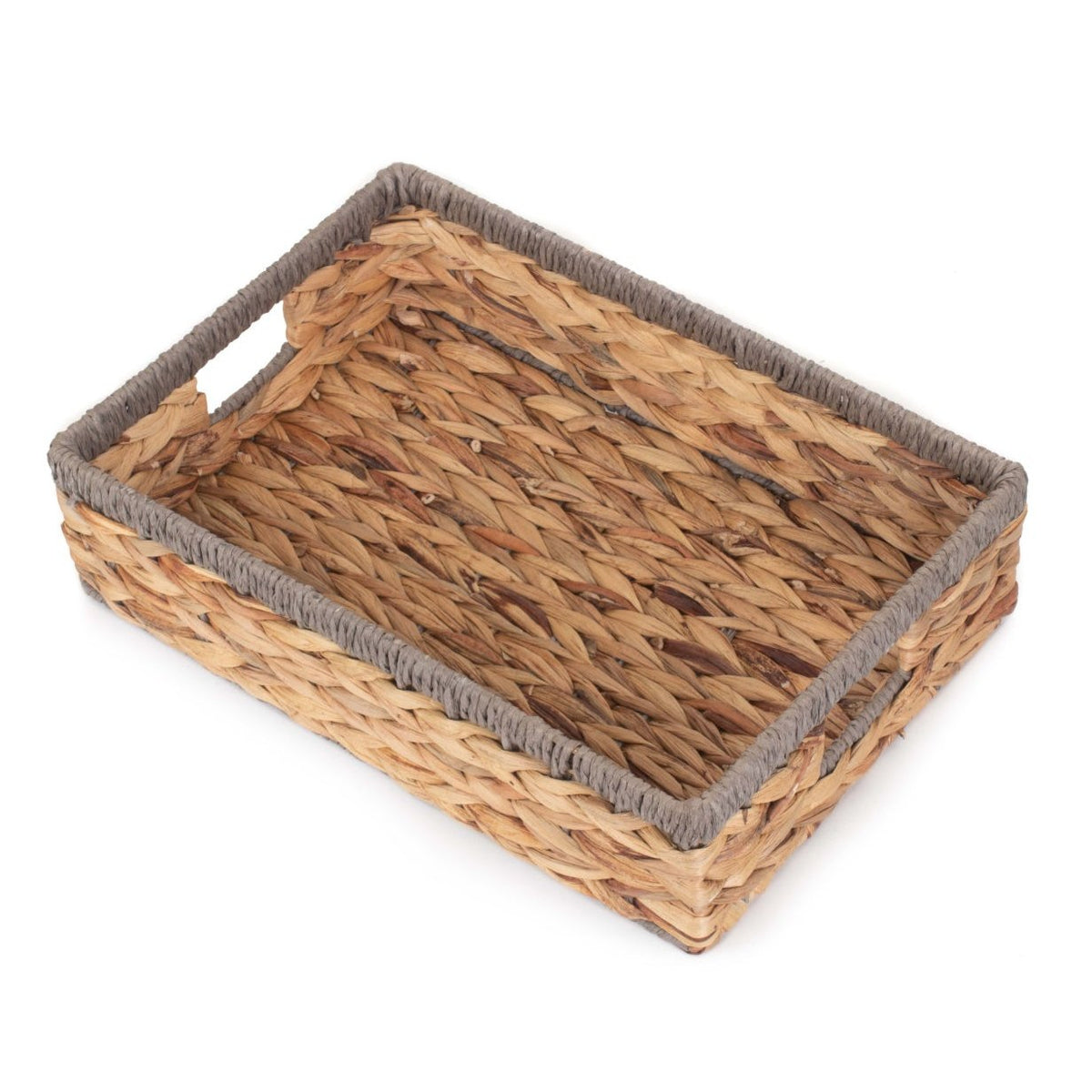 Medium Shallow Rectangular Water Hyacinth Storage Tray Basket with Grey Rope Border