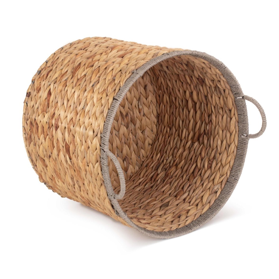 Large Round Water Hyacinth Storage Basket with Grey Rope Border