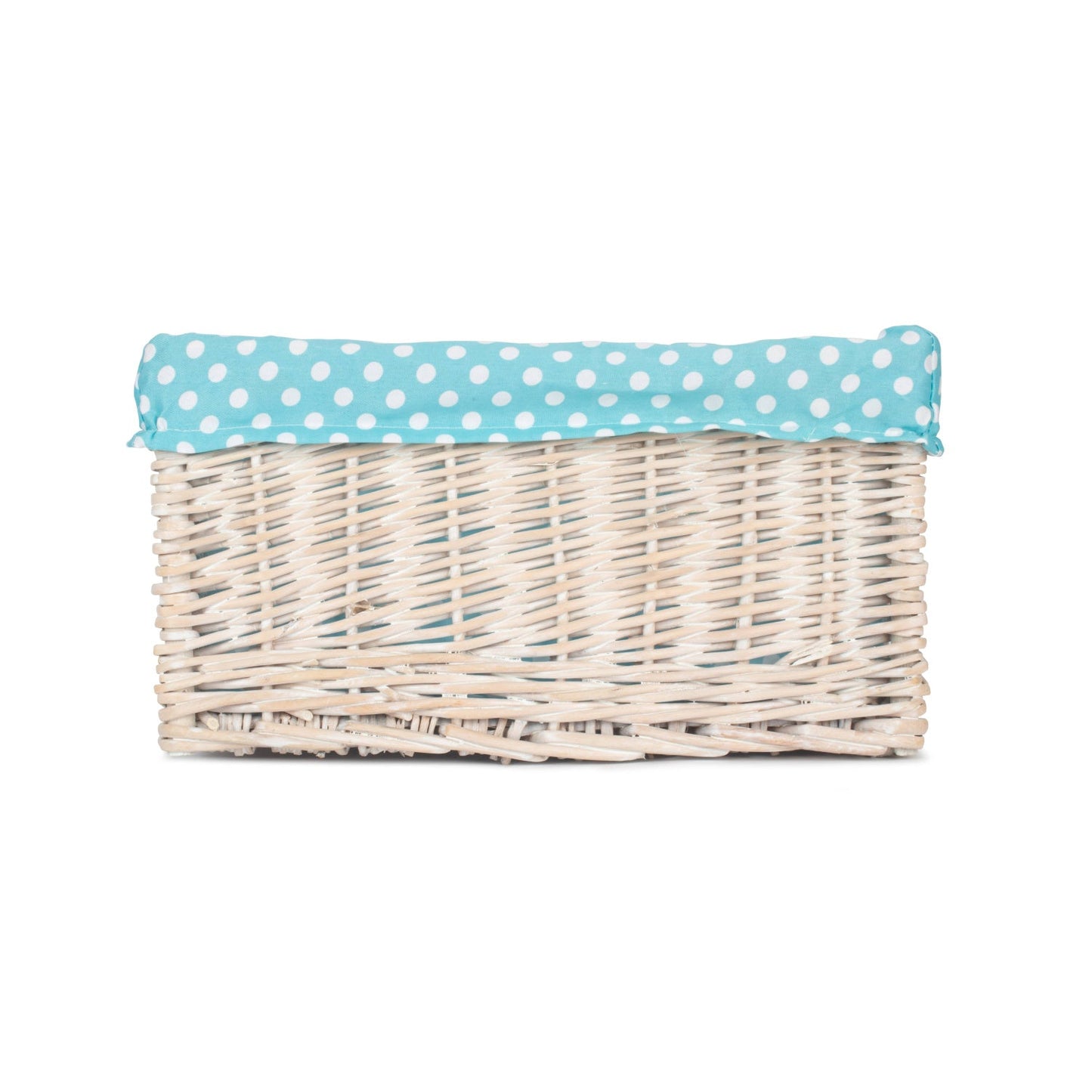 Medium White Wash Willow Storage Basket with Blue Spotty Lining