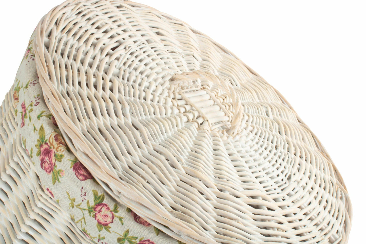 White Wash Willow Round Laundry Hamper With Garden Rose Lining - Large