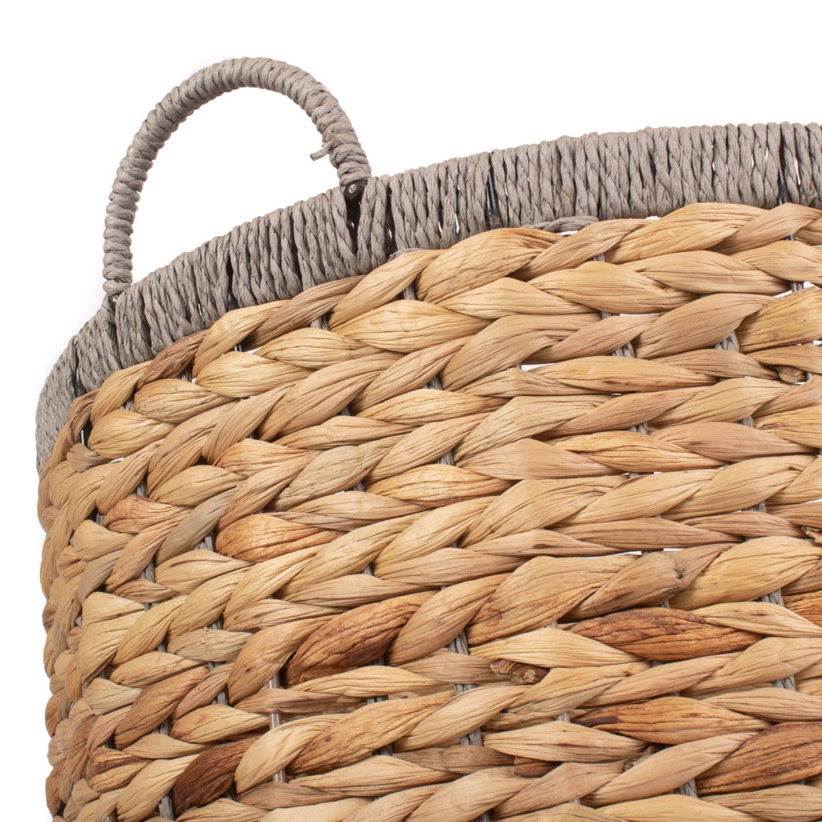 Large Round Water Hyacinth Storage Basket with Grey Rope Border