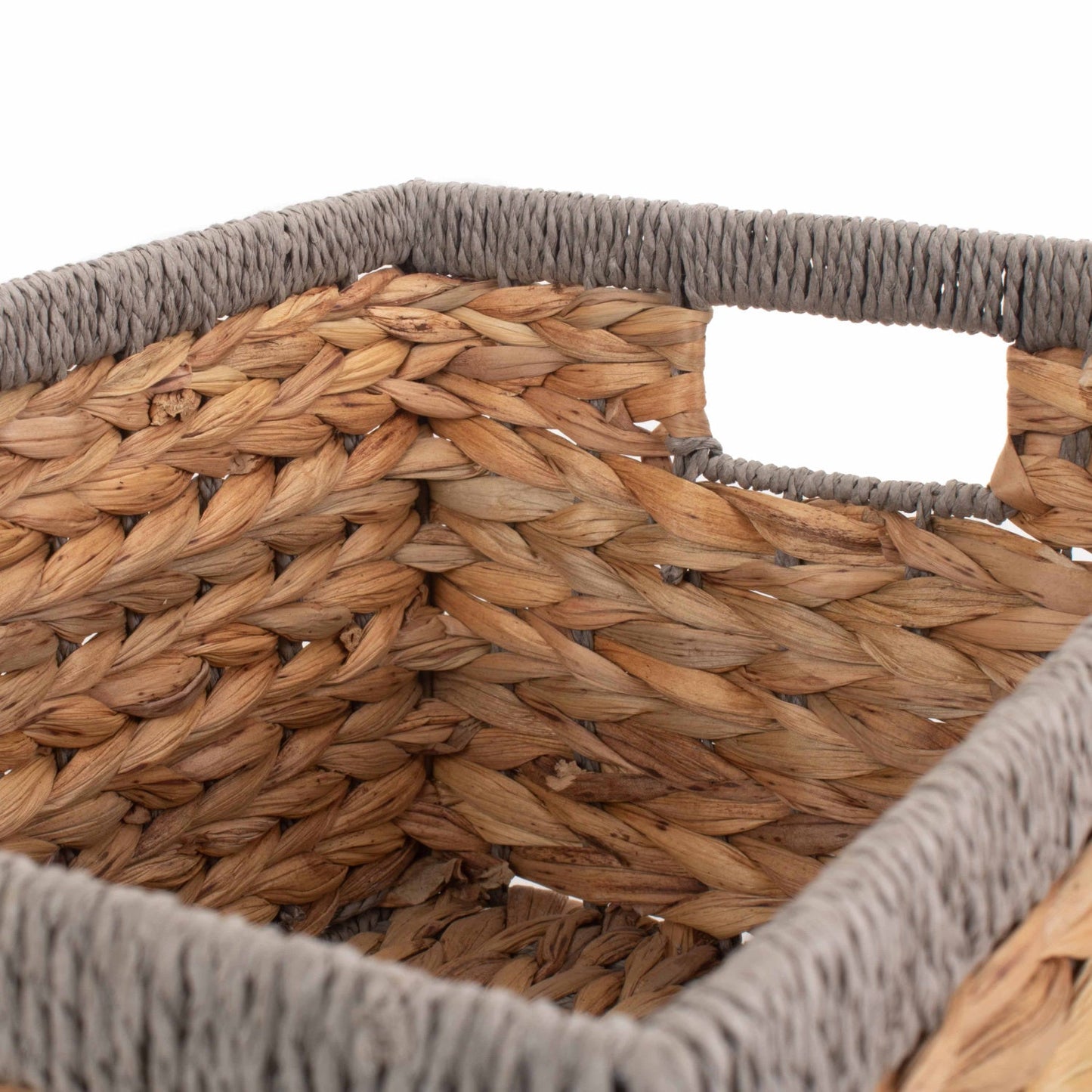 Medium Rectangular Water Hyacinth Storage Basket with Grey Rope Border