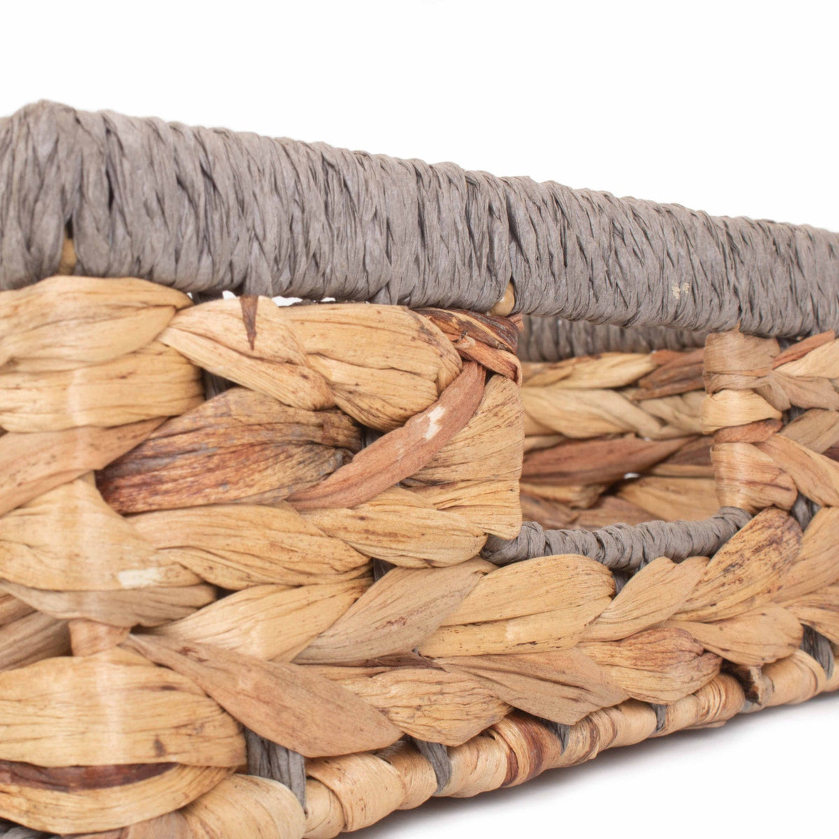 Medium Shallow Rectangular Water Hyacinth Storage Tray Basket with Grey Rope Border