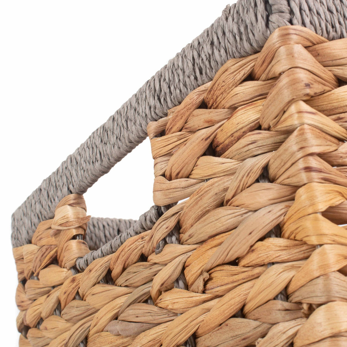 Medium Rectangular Water Hyacinth Storage Basket with Grey Rope Border