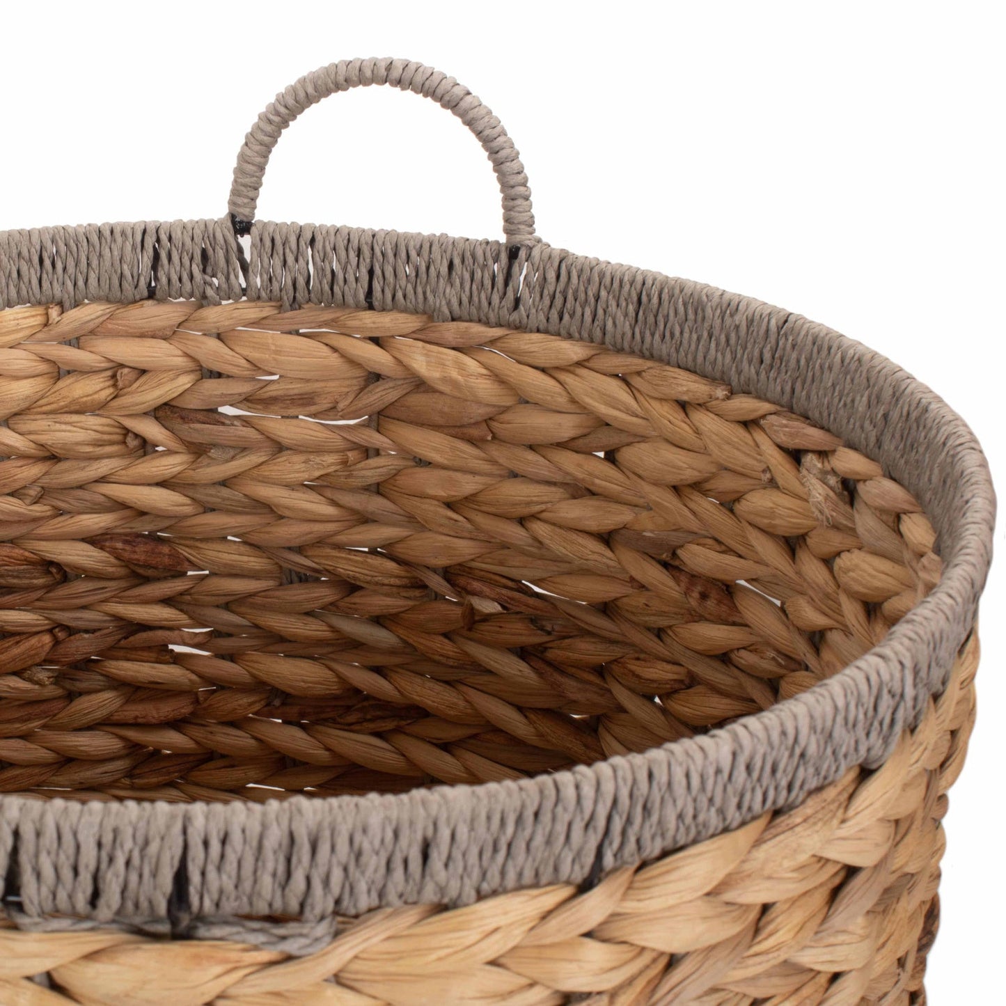 Large Round Water Hyacinth Storage Basket with Grey Rope Border