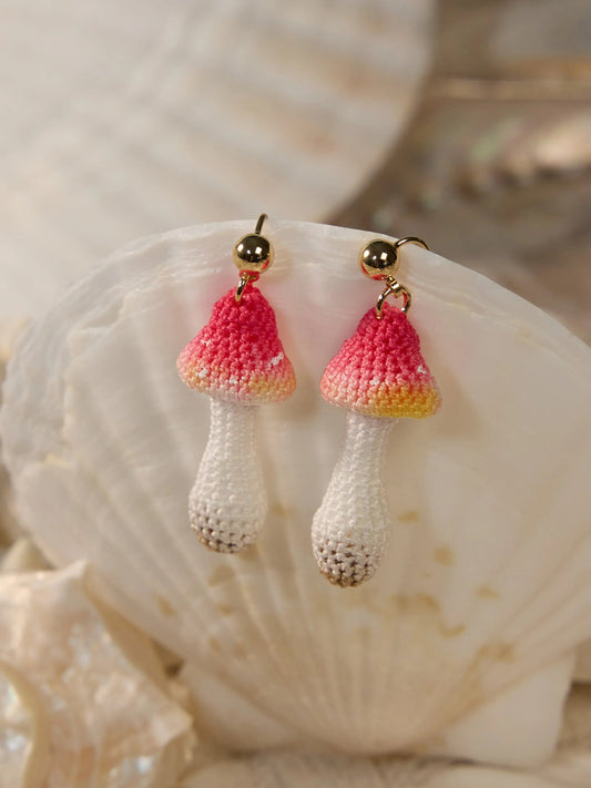 Blushing Mushroom Fairy Earrings – Tiny Handmade Micro Crochet Magic