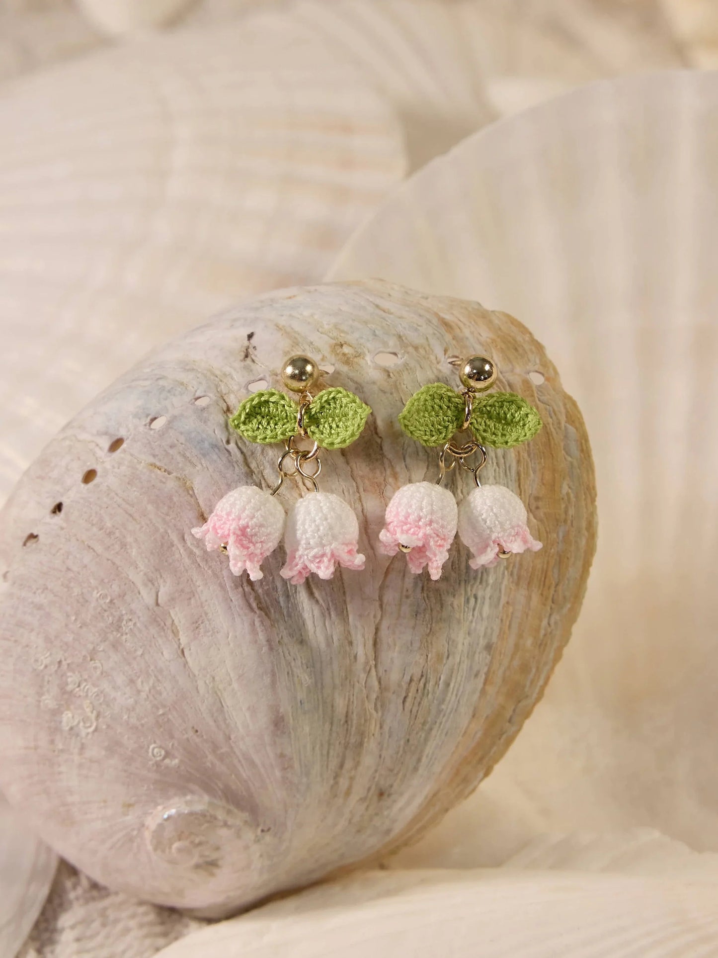 Lily of the Valley Fairy Bell Micro Crochet Earrings – Delicate White, Pink & Blue Blossoms