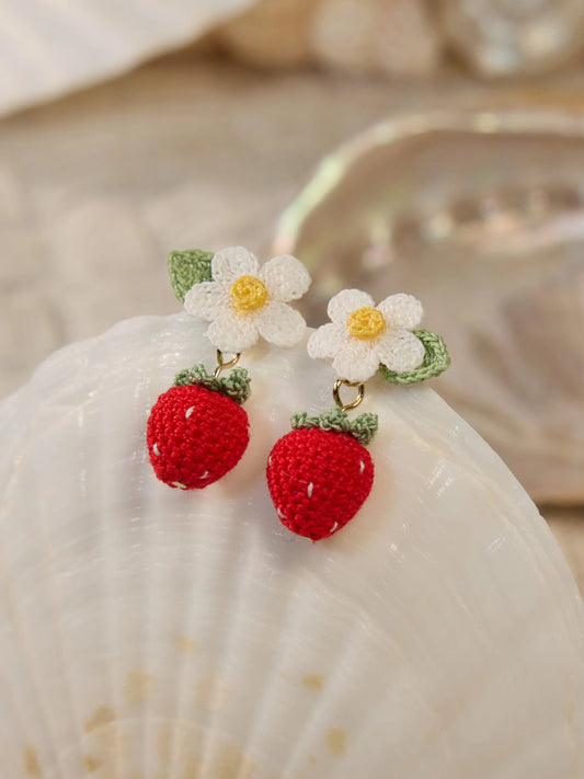 Sweet Strawberry Bloom Micro Crochet Earrings