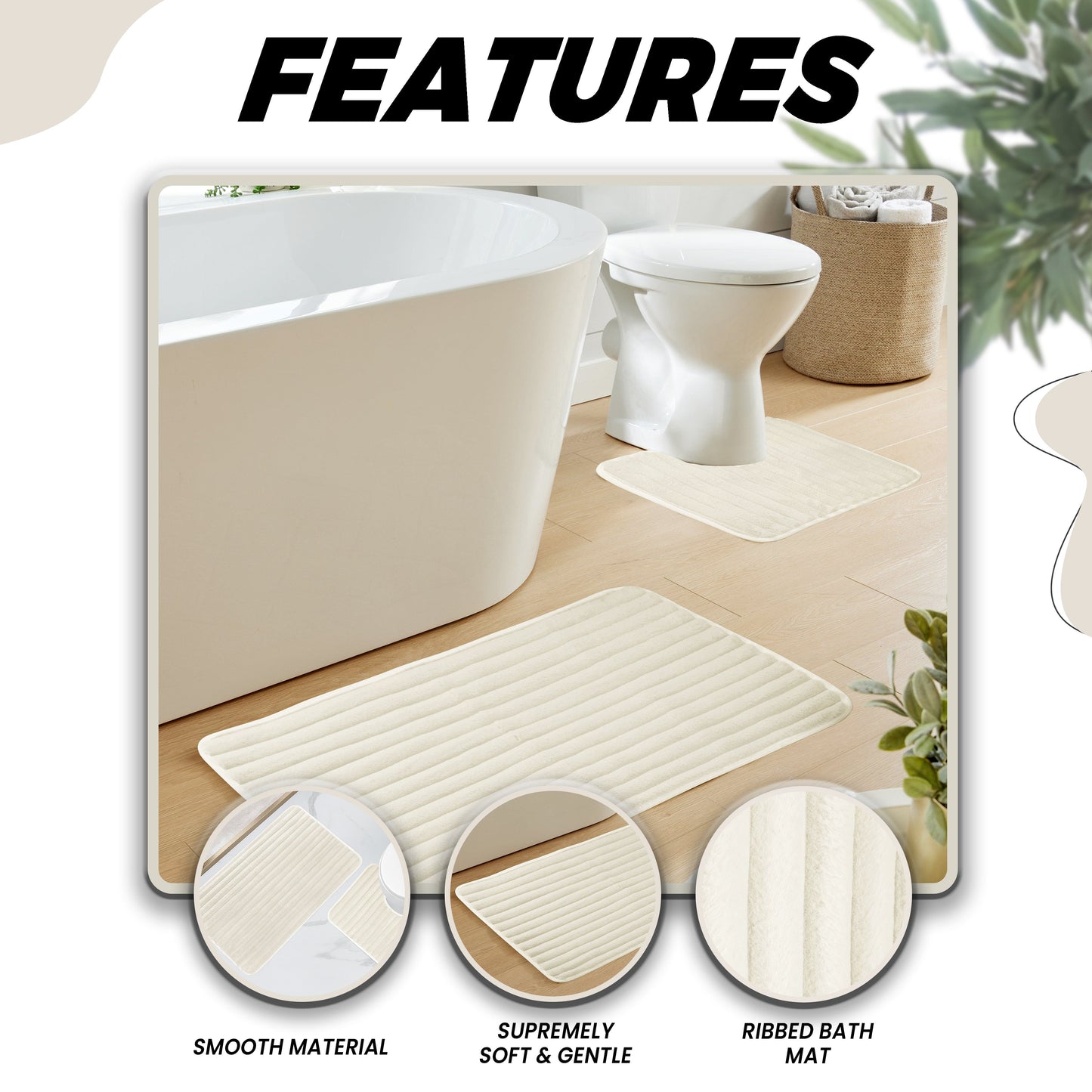 2 Piece Ribbed Bath Mat Set in Cream Extra Soft Non Slip Super Absorbent Bathroom & Toilet Mats Easy Care Rug by OLIVIA ROCCO