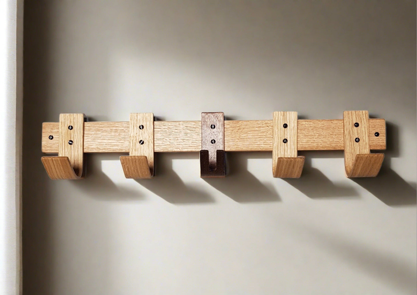 Designer Oak & Walnut Coat Rack with Key Storage - 5 Hooks