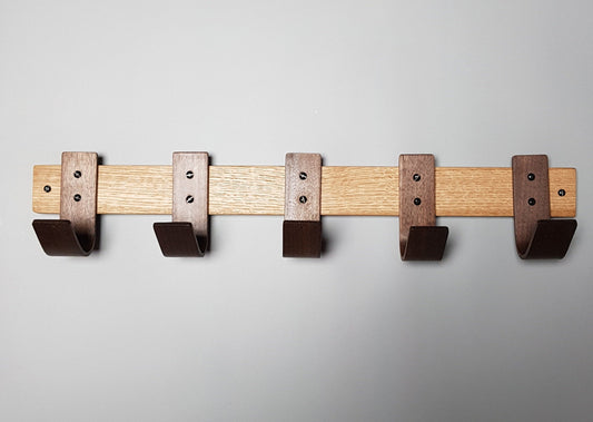 Designer Oak Coat Rack with Walnut Hooks - 5 Hook Wall Mount