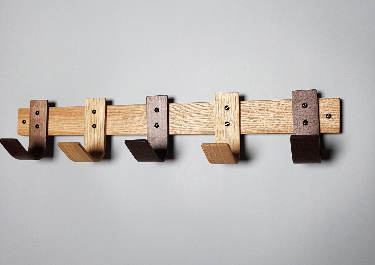 Designer Mixed Oak & Walnut Coat Rack - 5 Hook Wall Mount