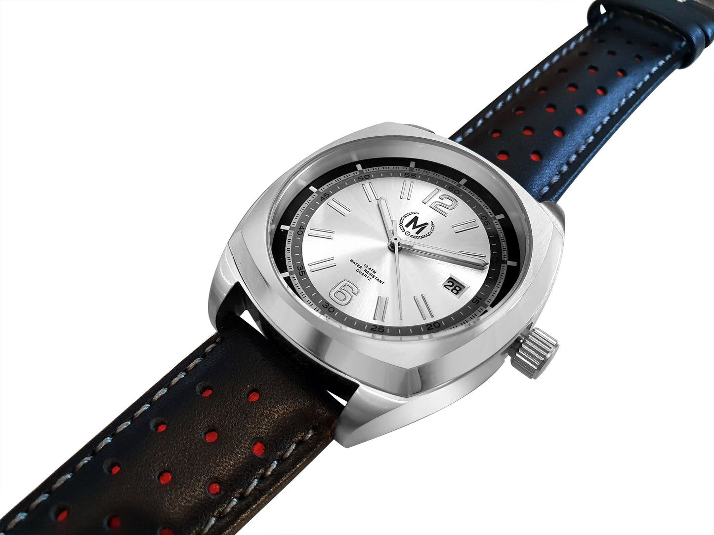 Silver Dial Driver, Black And Red Strap