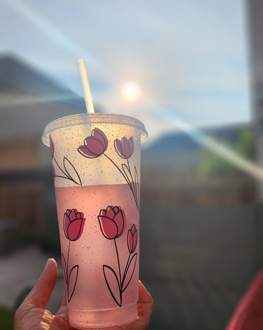 Personalised Name Pink Floral Line Work Tumbler Venti Cold Cup 24oz - With Straw