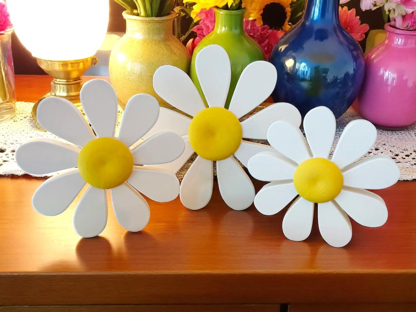 Daisy Flower Wall Decor Free Standing Magnetic | Gift for Mum | Vibrant Flowers Shelf Sitter Summer Bloom | Set Of Three