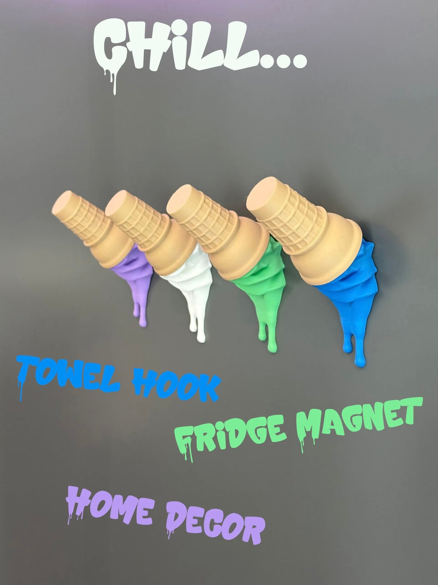 Melting Ice Cream Wall Hook | Fridge Magnet | 3D Printed Home Decor | Colourful Hook Set