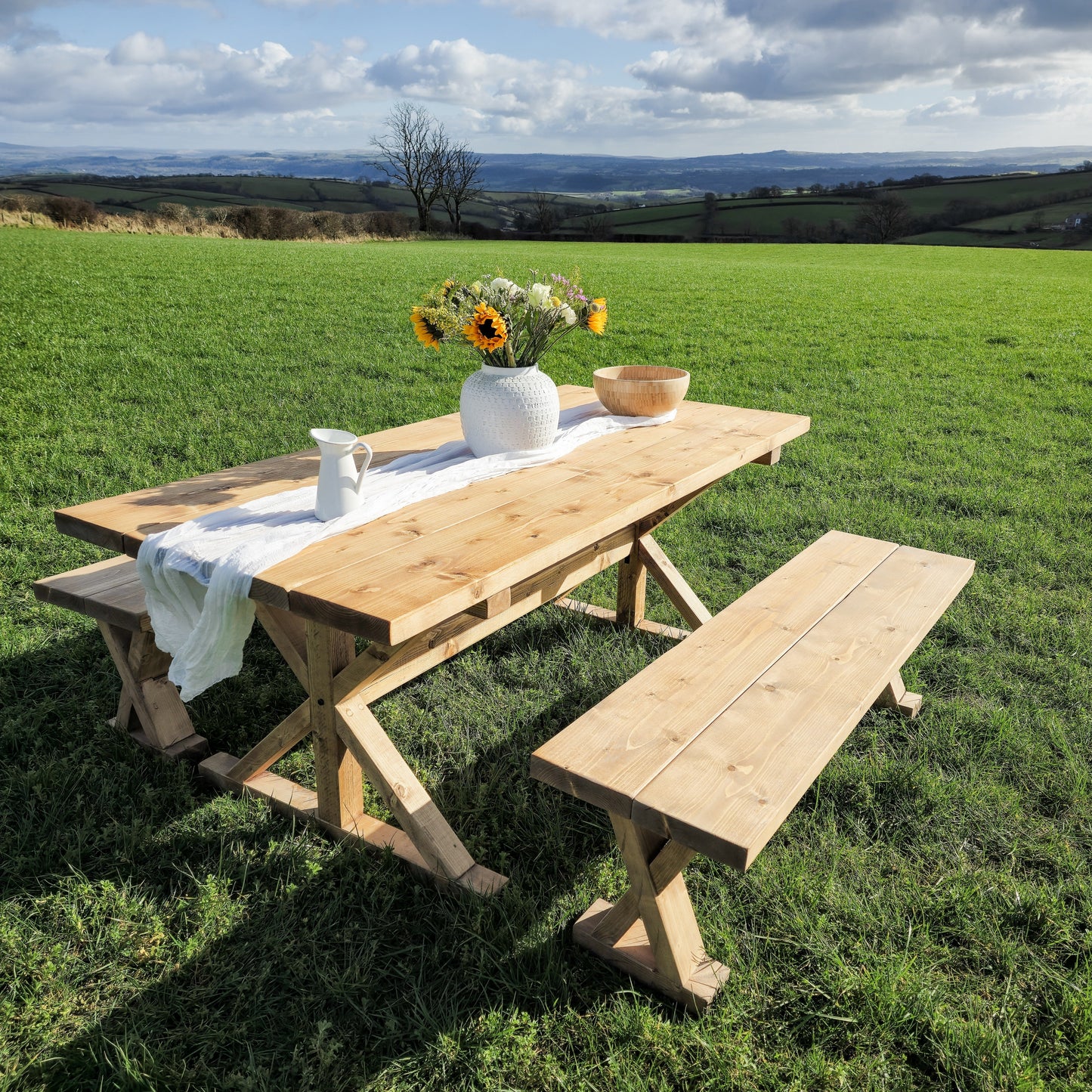 Outdoor Table With Timber Cross Legs and Bench