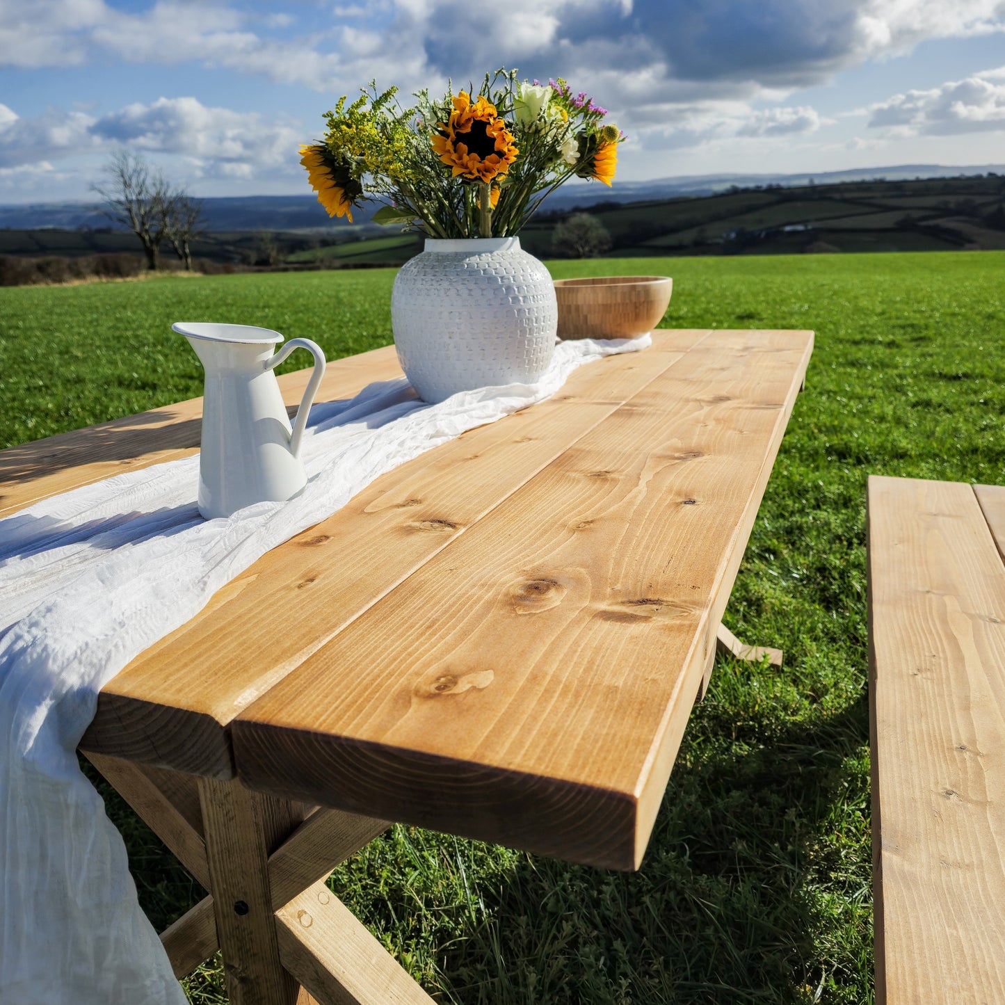 Outdoor Table With Timber Cross Legs and Bench