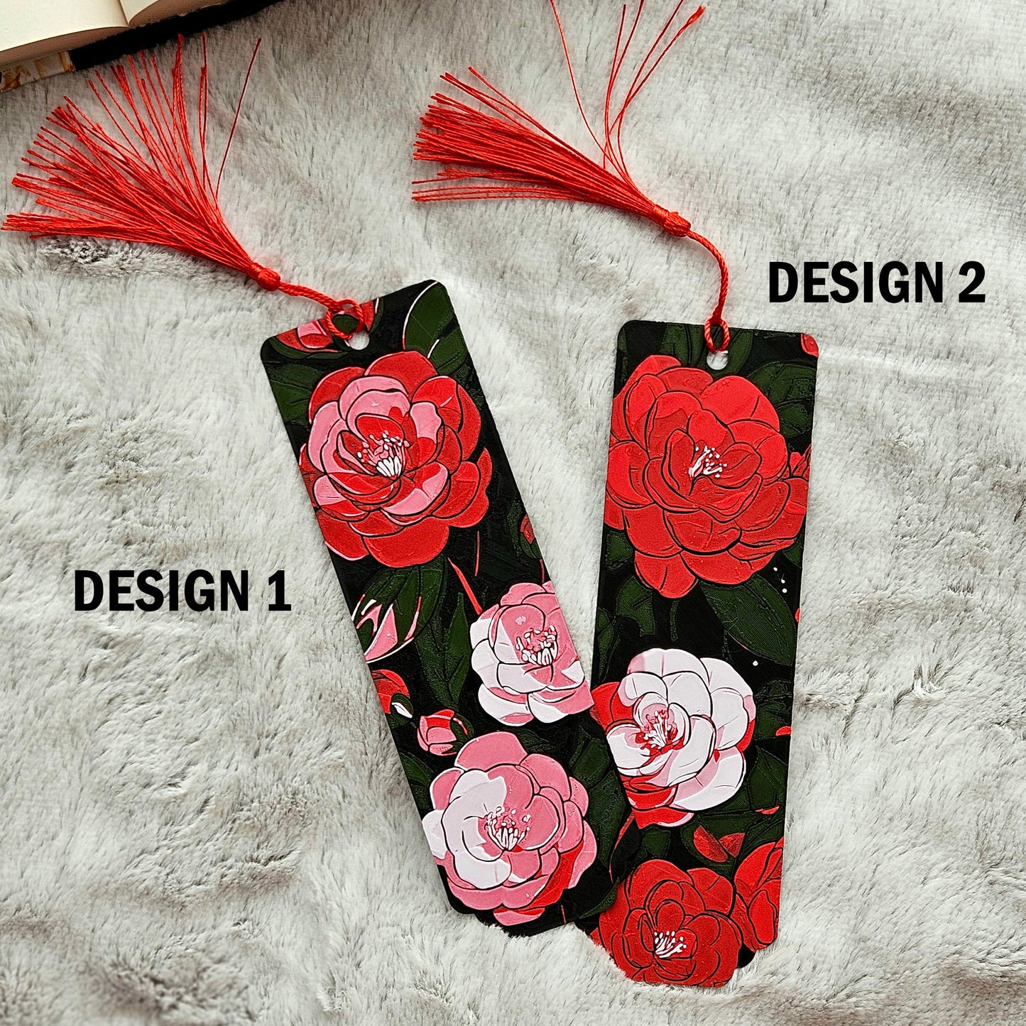 Camellia Whispers Bookmark – 3D Printed Floral Bookmark with Holographic Back & Handmade Tassel