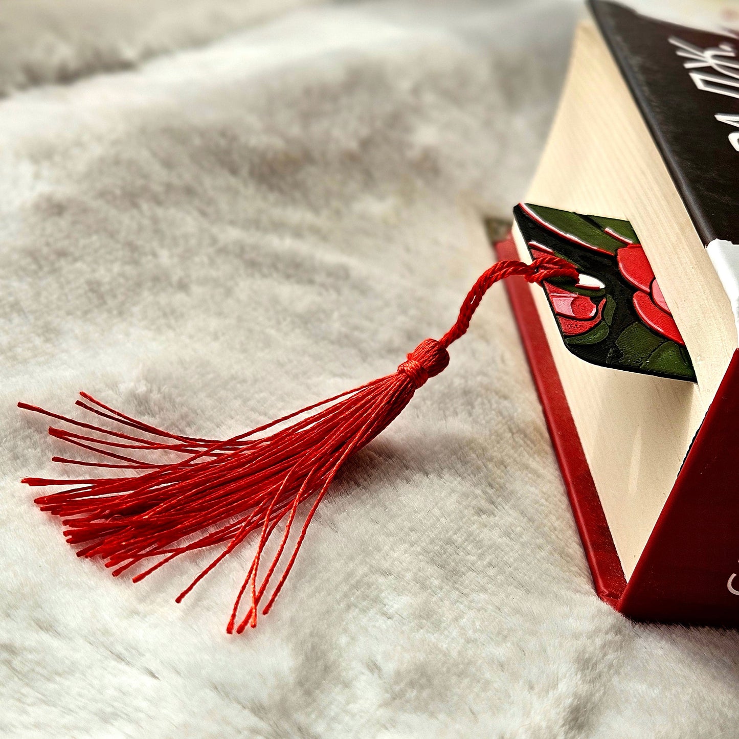 Camellia Whispers Bookmark – 3D Printed Floral Bookmark with Holographic Back & Handmade Tassel