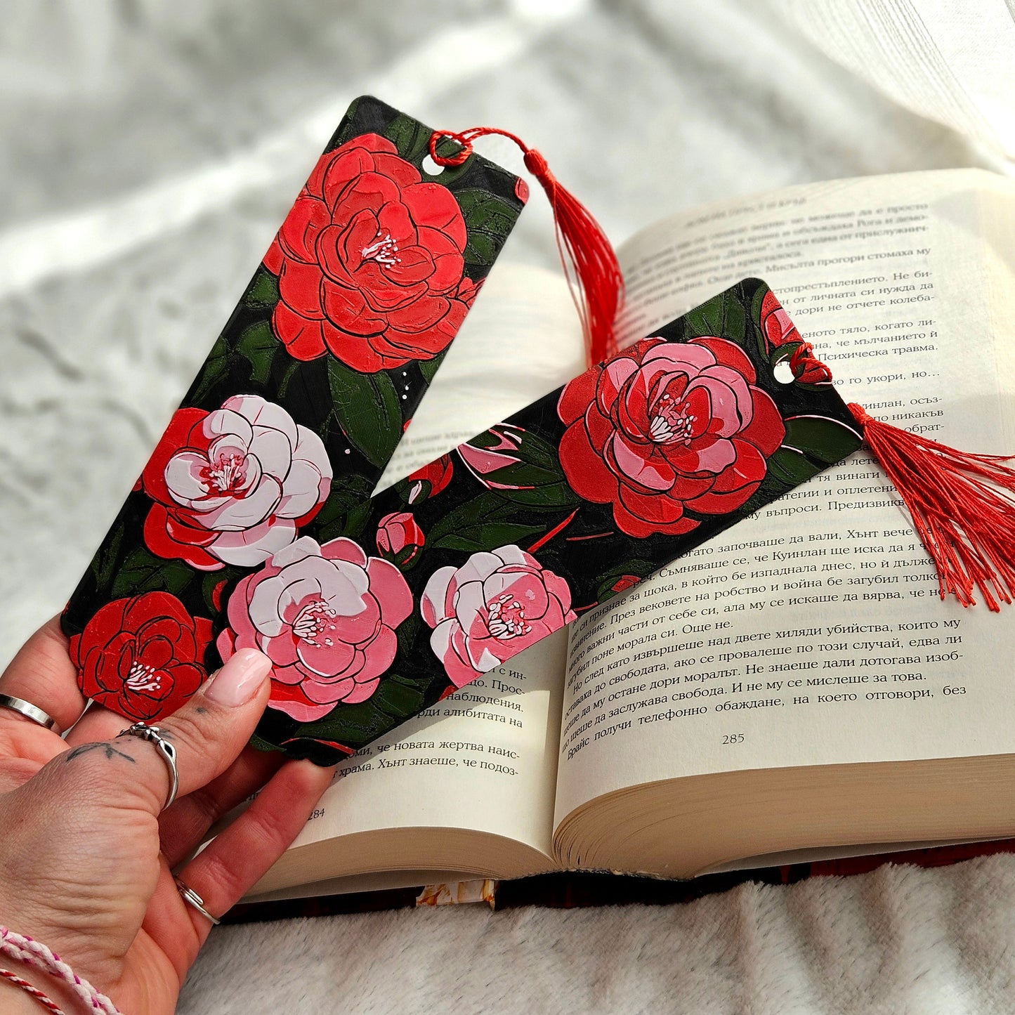 Camellia Whispers Bookmark – 3D Printed Floral Bookmark with Holographic Back & Handmade Tassel