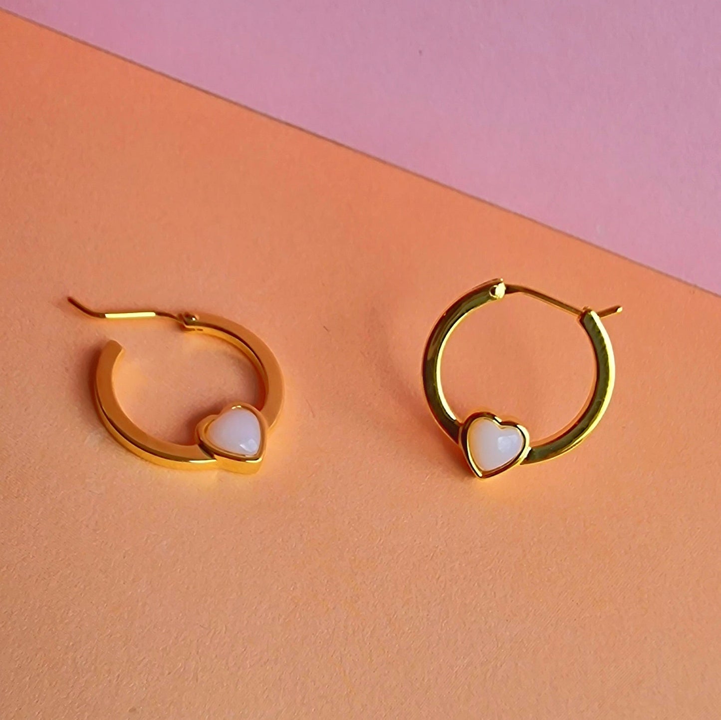 Gold Pink Opal Heart Hoop