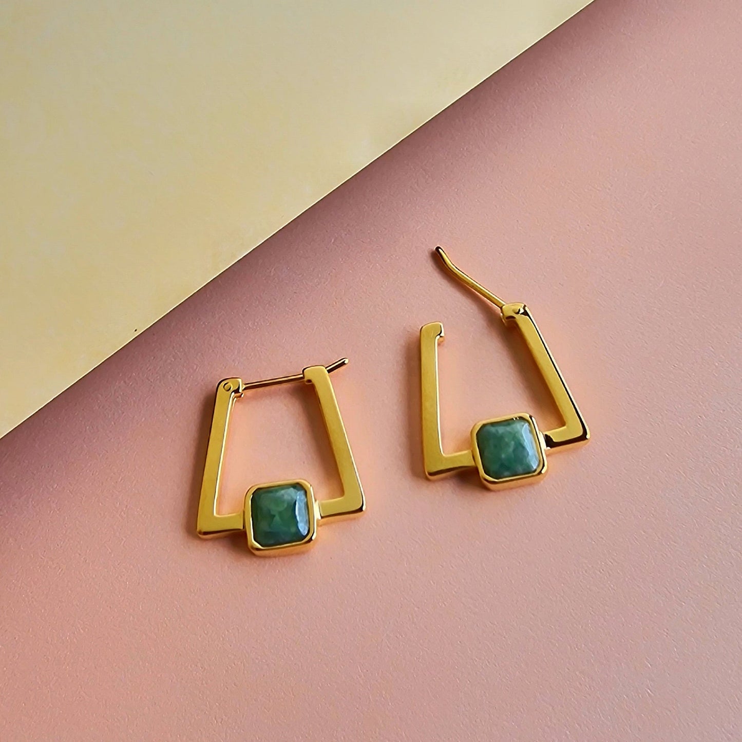 Gold Deco Square Agate Hoops