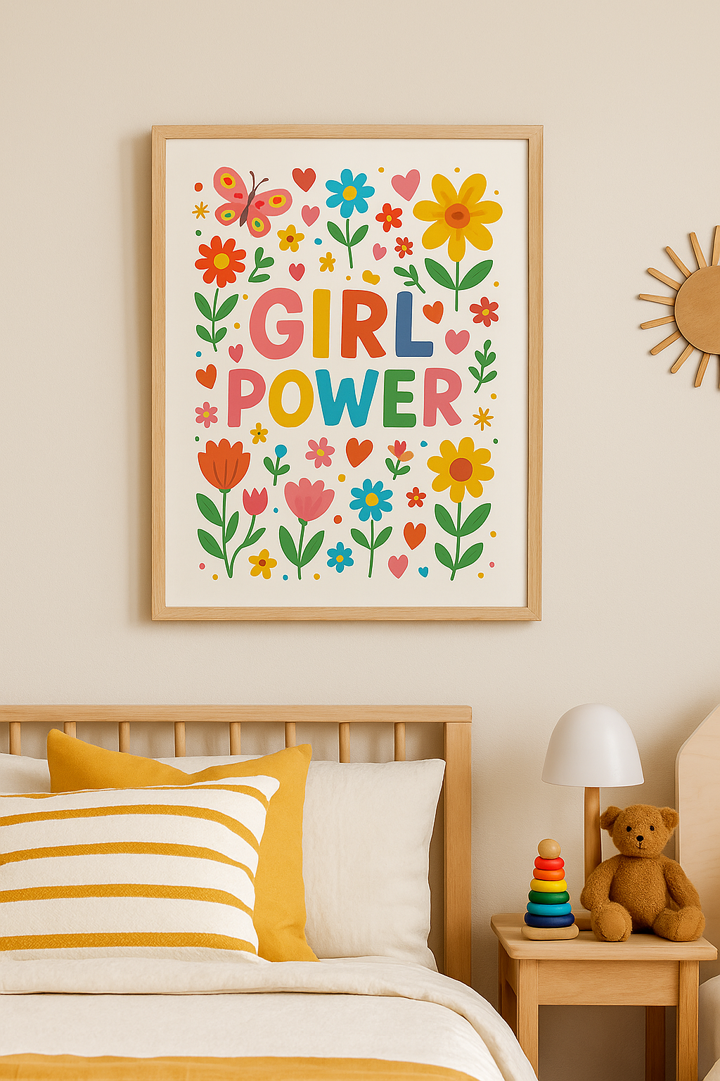 Girl Power – Bright Rainbow Floral Wall Art for Kids’ Room or Nursery