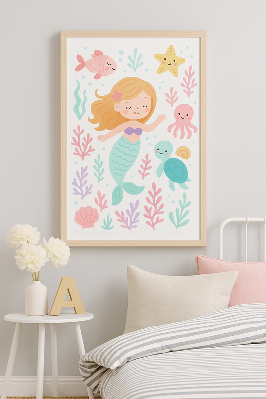 Mermaid & Ocean Friends Wall Art – Girls Room Print in Pastel Colours