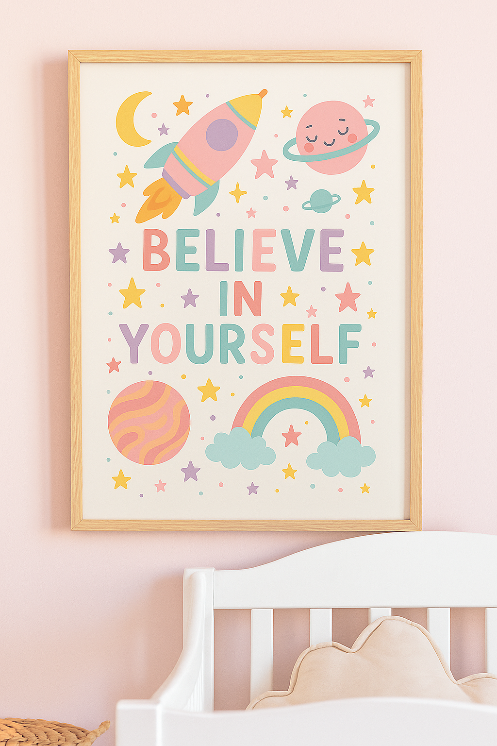 Believe in Yourself Space Wall Art – Motivational Pastel Print for Kids
