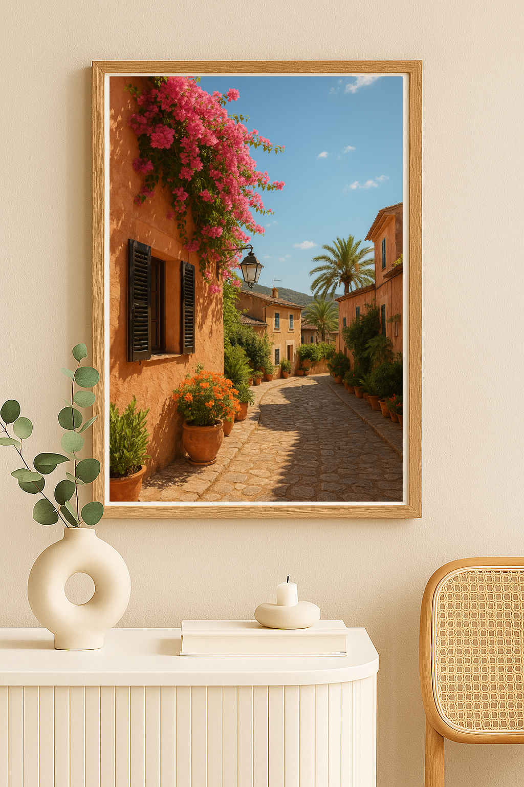 Mediterranean Street Wall Art – Rustic Floral Alleyway Photography Print