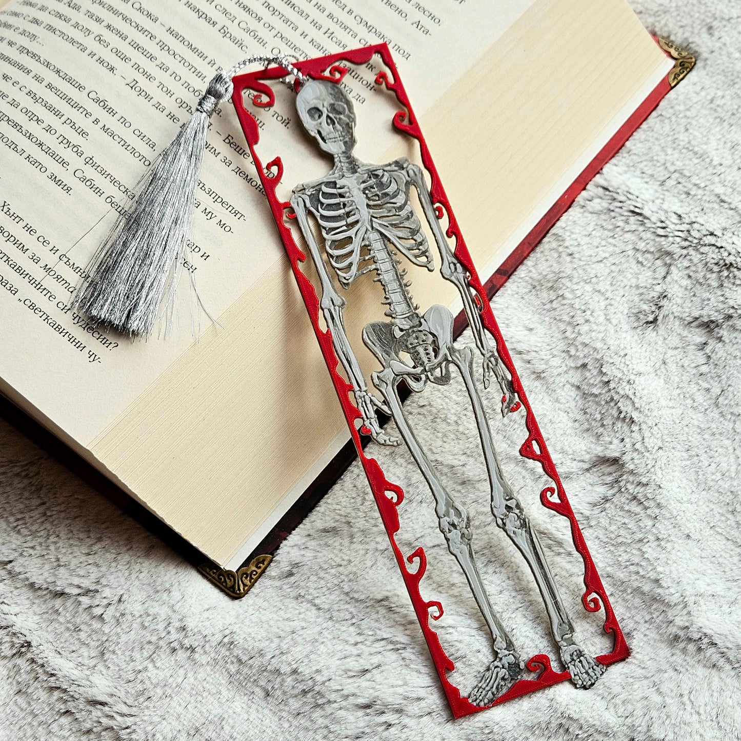 Framed Skeleton – Gothic Skeleton Bookmark with Red Swirl Frame