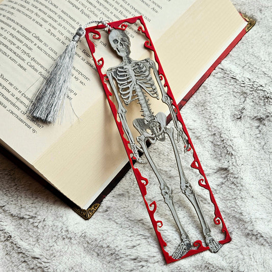 Framed Skeleton – Gothic Skeleton Bookmark with Red Swirl Frame