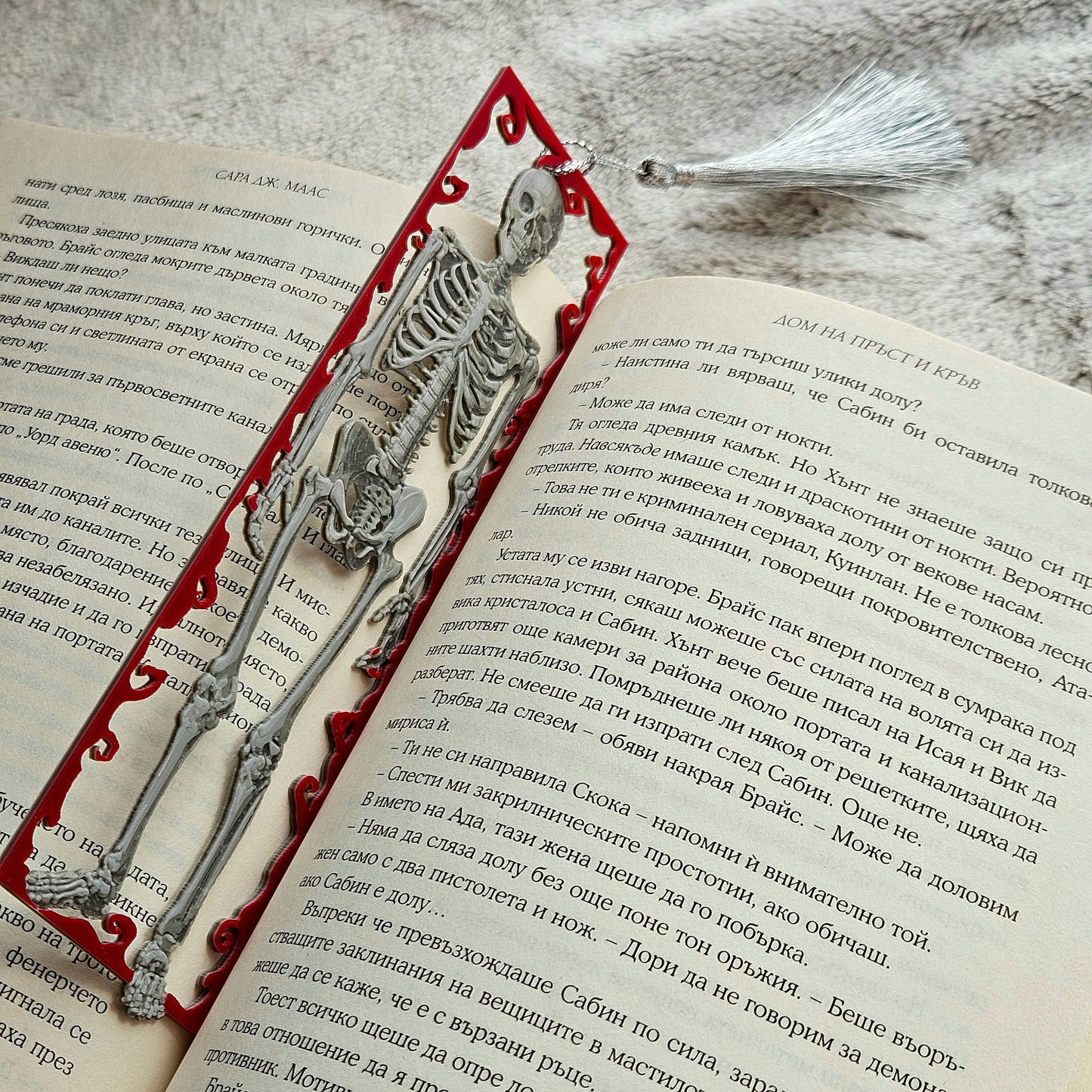 Framed Skeleton – Gothic Skeleton Bookmark with Red Swirl Frame