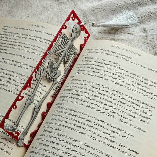 Framed Skeleton – Gothic Skeleton Bookmark with Red Swirl Frame