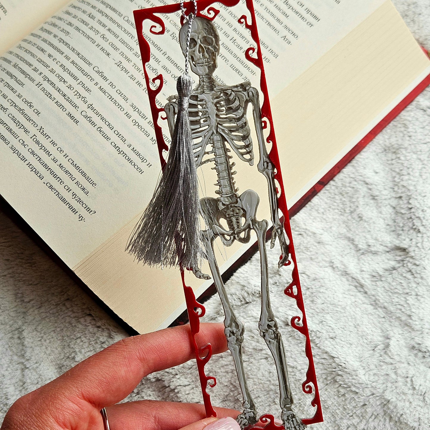 Framed Skeleton – Gothic Skeleton Bookmark with Red Swirl Frame