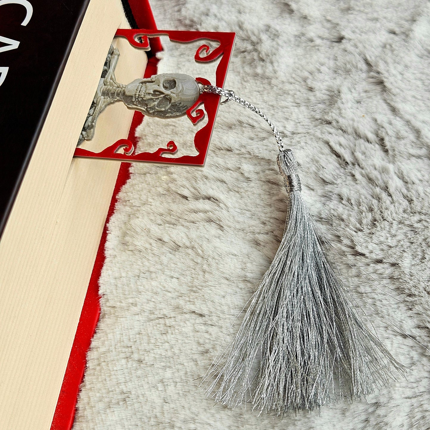 Framed Skeleton – Gothic Skeleton Bookmark with Red Swirl Frame