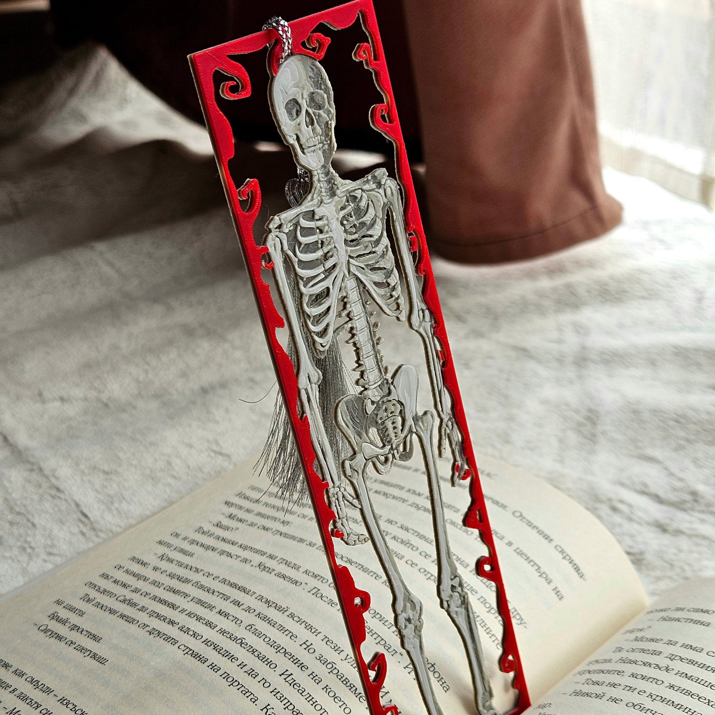 Framed Skeleton – Gothic Skeleton Bookmark with Red Swirl Frame