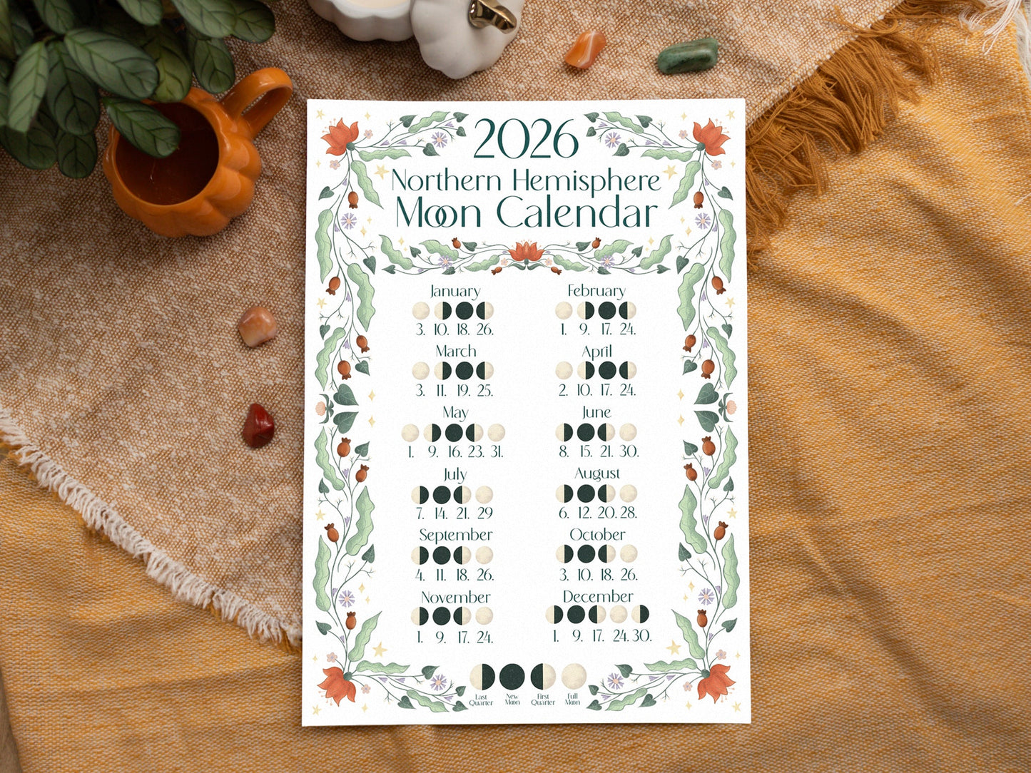 2026 Moon Calendar - A3 Print - Northern Hemisphere
