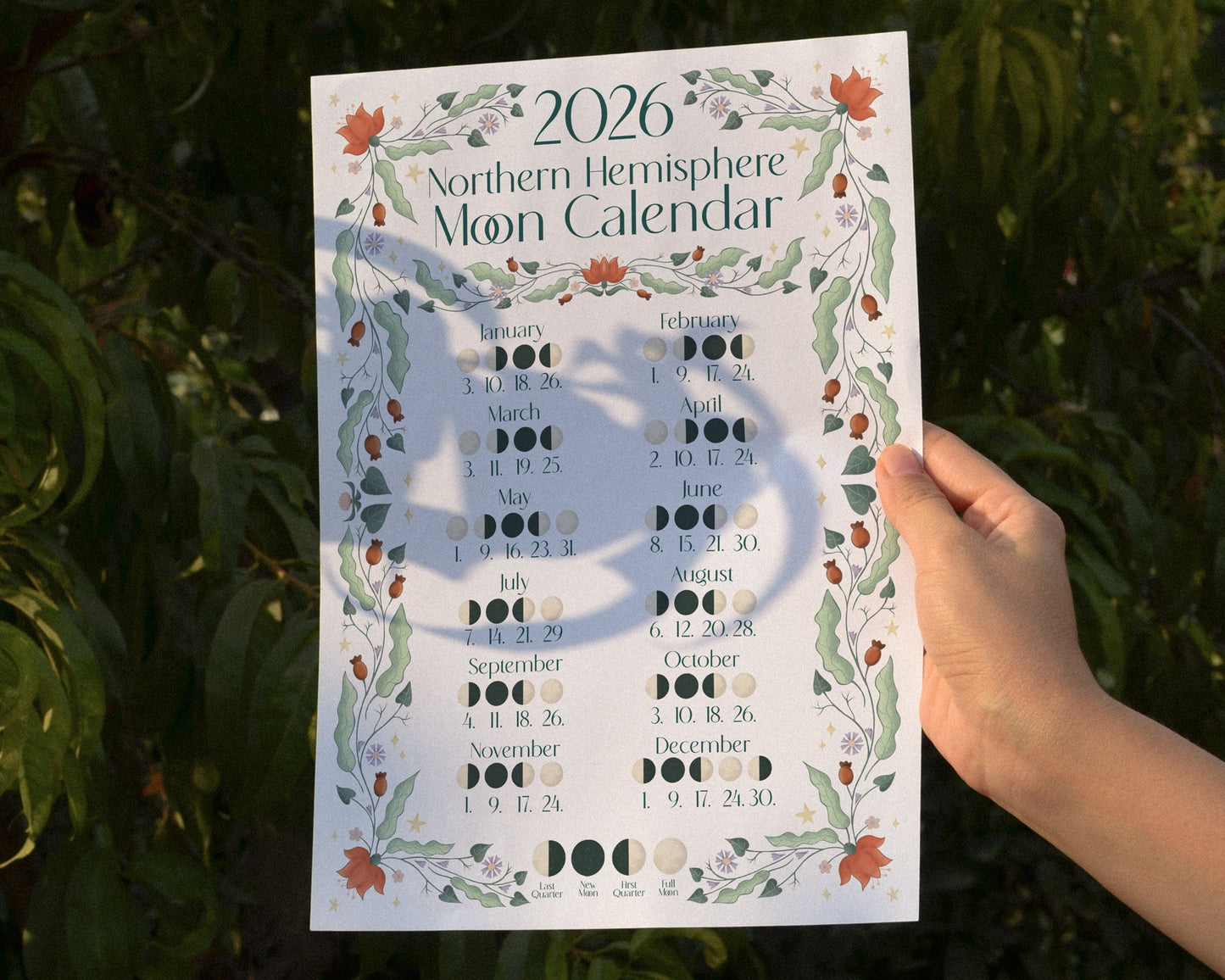 2026 Moon Calendar - A4 Print - Northern Hemisphere
