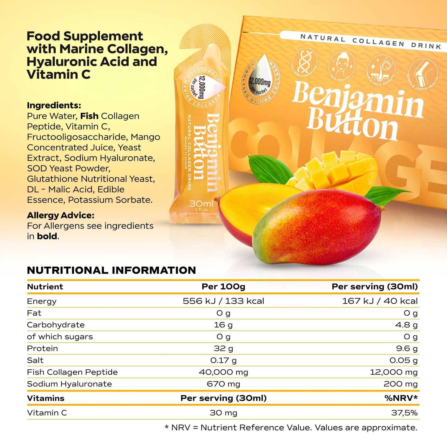 Benjamin Button 12,000mg Marine Collagen Drink - Mango Liquid Sachets
