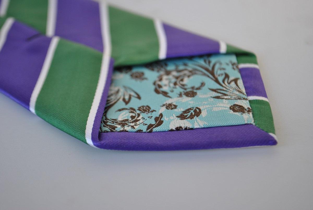 green, purple and white striped tie