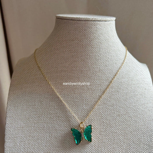 Cool green crystal glass butterfly gold necklace